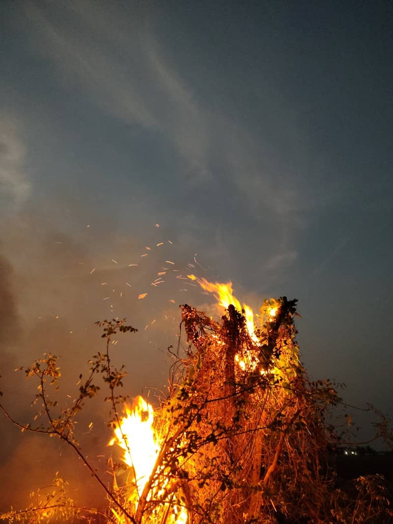 Fire burns brightly against a cloudy sky.
